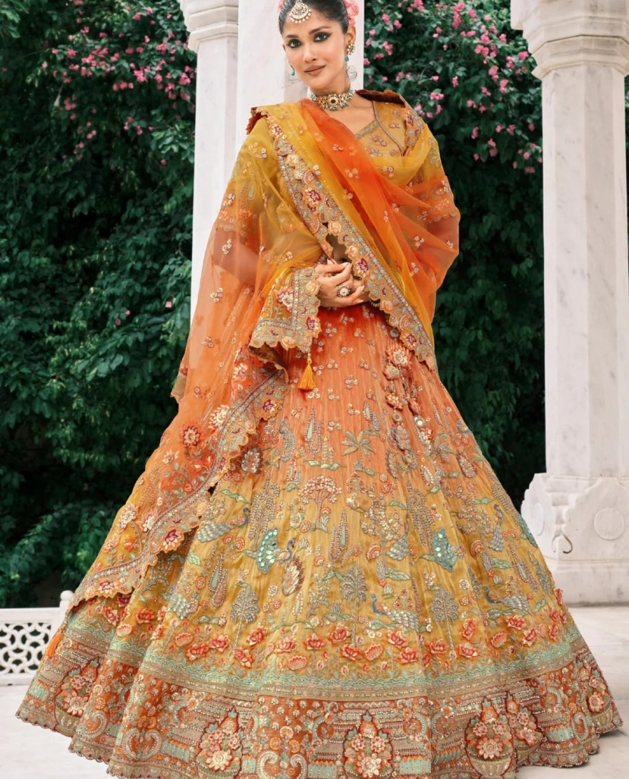 Orange - Cadmium Orange Fancy Silk Lehenga Choli With Cut Work Embroidery Border & Stone Work